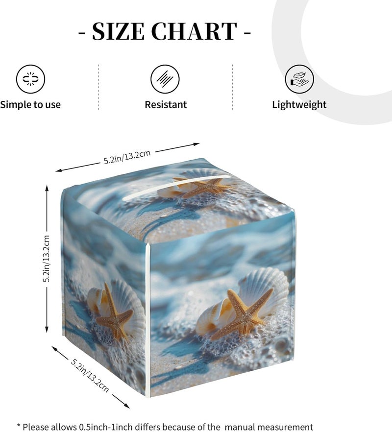 sndheke Shells Starfish on Beach Tissue Box Cover Square,Summer Ocean Shells Starfish Tissue Box Holder Waterproof Leather Facial Paper Organizer Dispenser for Bathroom Home Car Nightstand Vanity Desk - Image 4